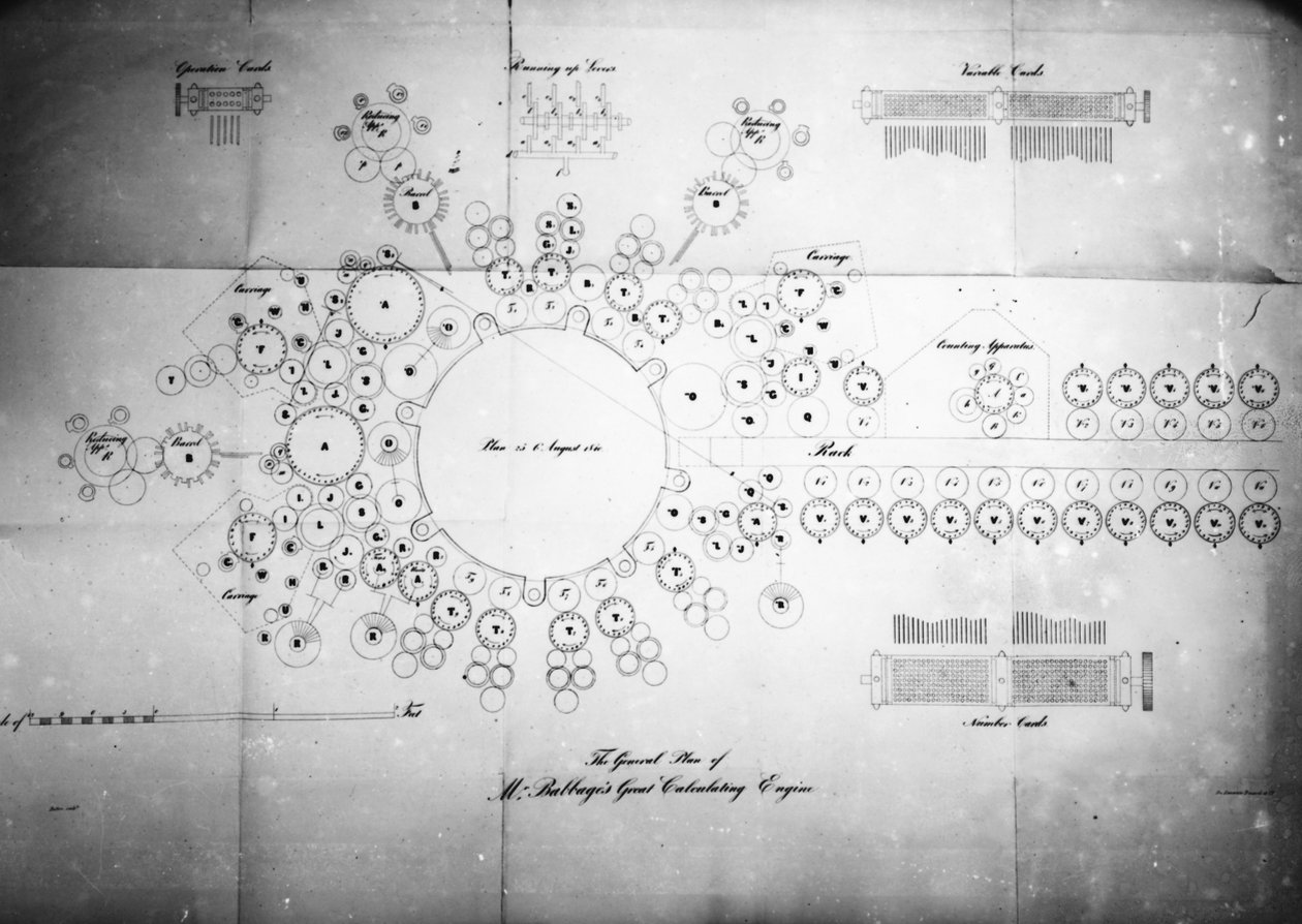 Il Piano Generale del Grande Motore di Calcolo di Mr Babbage, inciso da Bolton, stampato da Lemercier Bernard & Co da English School