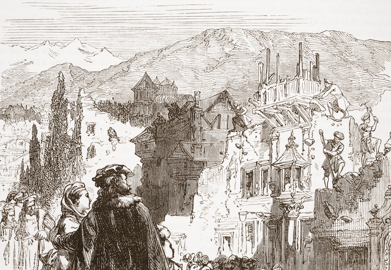 I ginevrini distruggono i sobborghi della loro città, illustrazione da La storia del protestantesimo di James Aitken Wylie (1808-1890), pub. 1878 da English School
