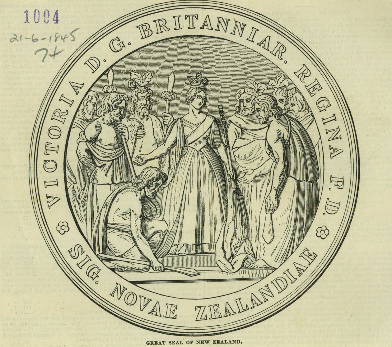 Il Grande Sigillo della Nuova Zelanda, da The Illustrated London News, 21 giugno 1845 da English School