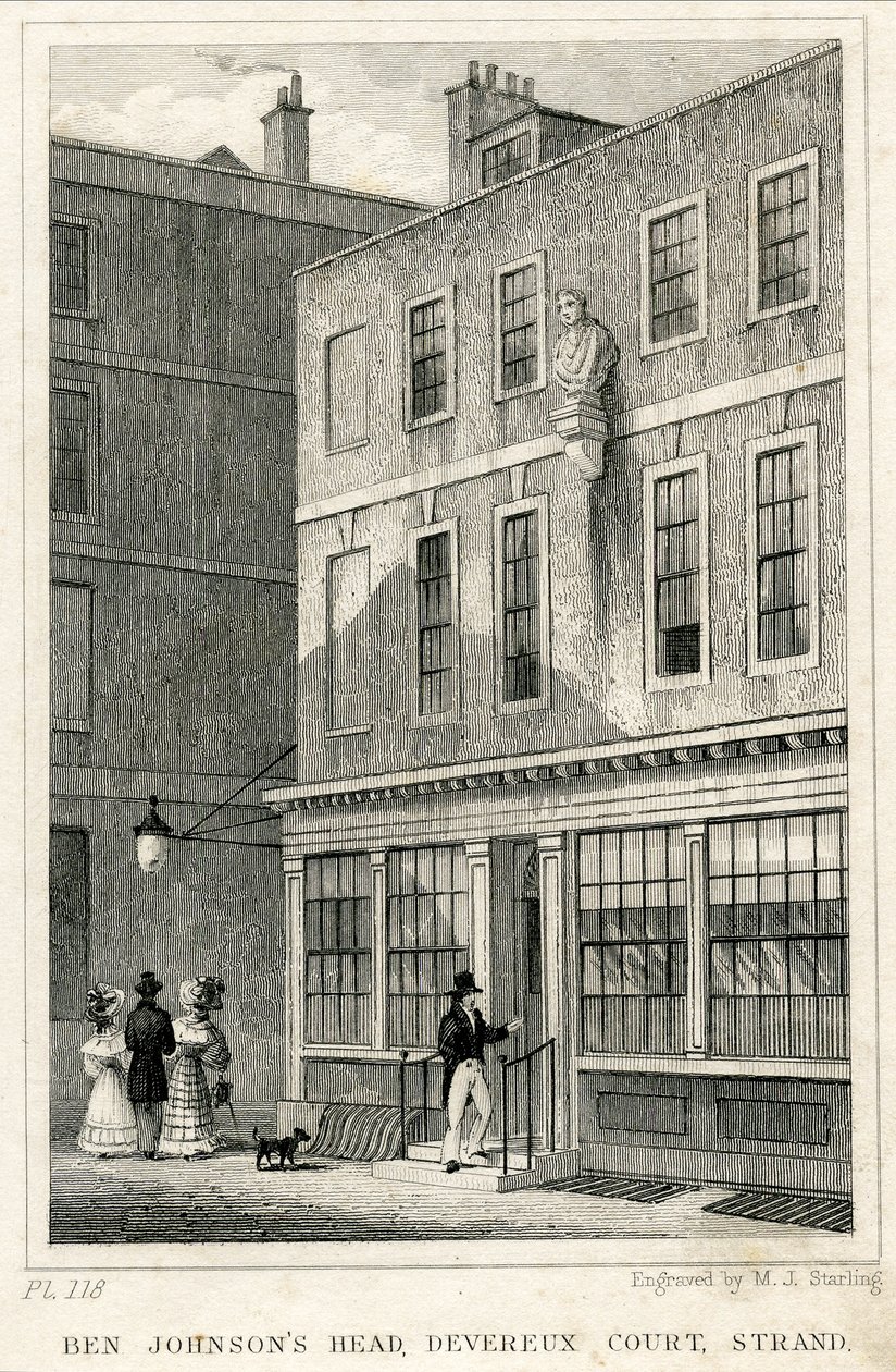 La Grecian Coffee House, Devereux Court, Strand, con un busto di Ben Johnson - Incisione da English School