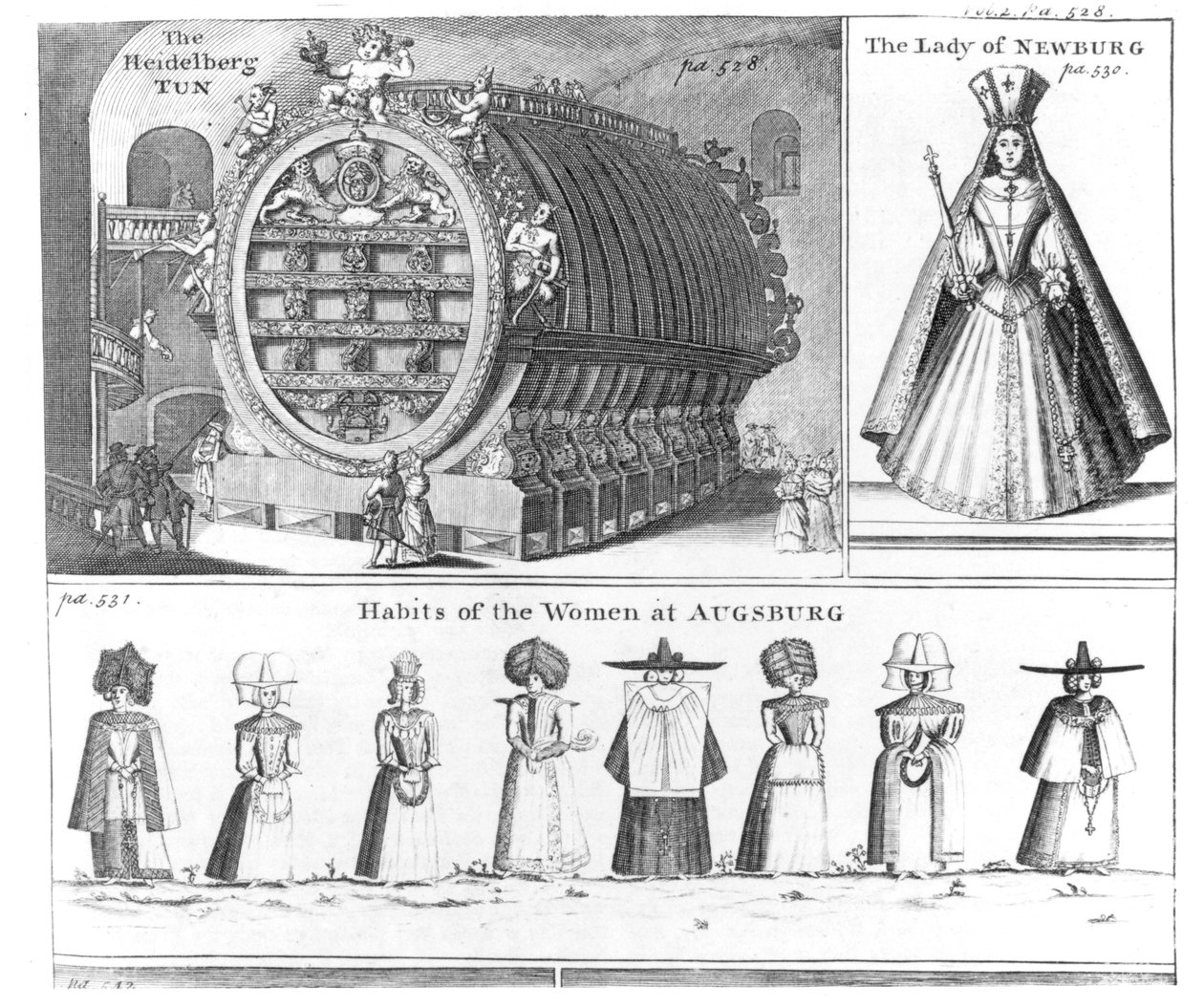 La botte di Heidelberg, La Signora di Newburg e gli Abiti delle Donne di Augusta, da Missons Nouveau voyage d