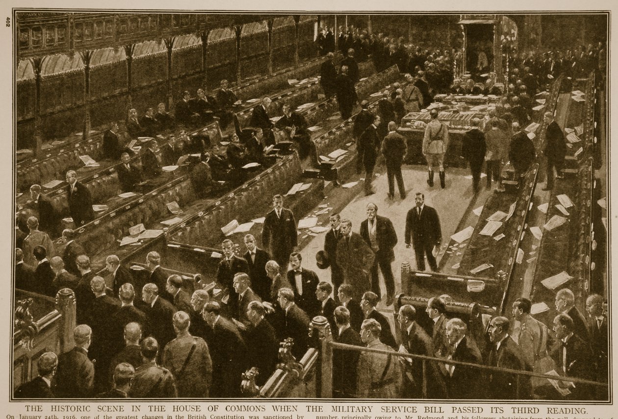 La scena storica alla Camera dei Comuni quando il Military Service Bill passò la sua terza lettura, 1914-19 da English School