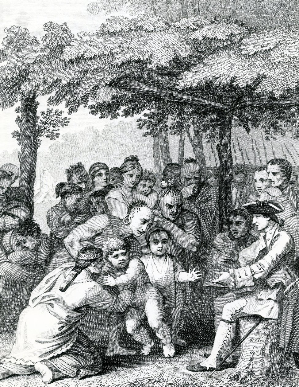 Gli indiani che consegnano i prigionieri inglesi al colonnello Bouquet vicino al suo campo ai Forks of Muskingham in Nord America, inciso da Canot, 1764 da English School