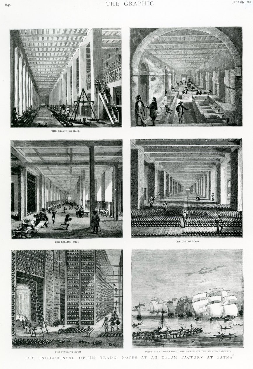 Il commercio di oppio indo-cinese: Note in una fabbrica di oppio a Patna, tratte da The Graphic, 1882 da English School