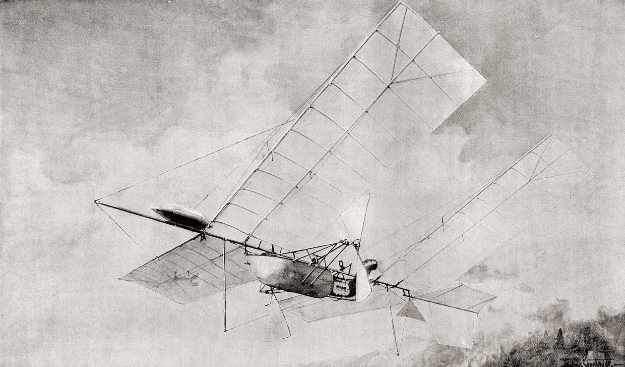 La macchina volante Langley Aerodrome in volo nel XIX secolo. Da The Strand Magazine pubblicato nel 1897. da English School