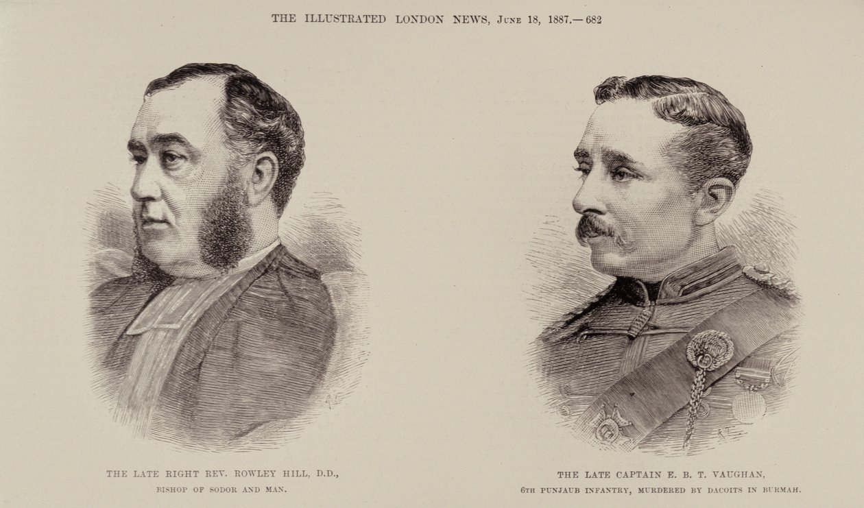 Il Defunto Rev. Rowley Hill, Vescovo di Sodor e Man e il Defunto Capitano E. B. T. Vaughan, 6° Fanteria del Punjab, Uccisi dai Dacoit in Birmania, da The Illustrated London News, 18 giugno 1887 da English School