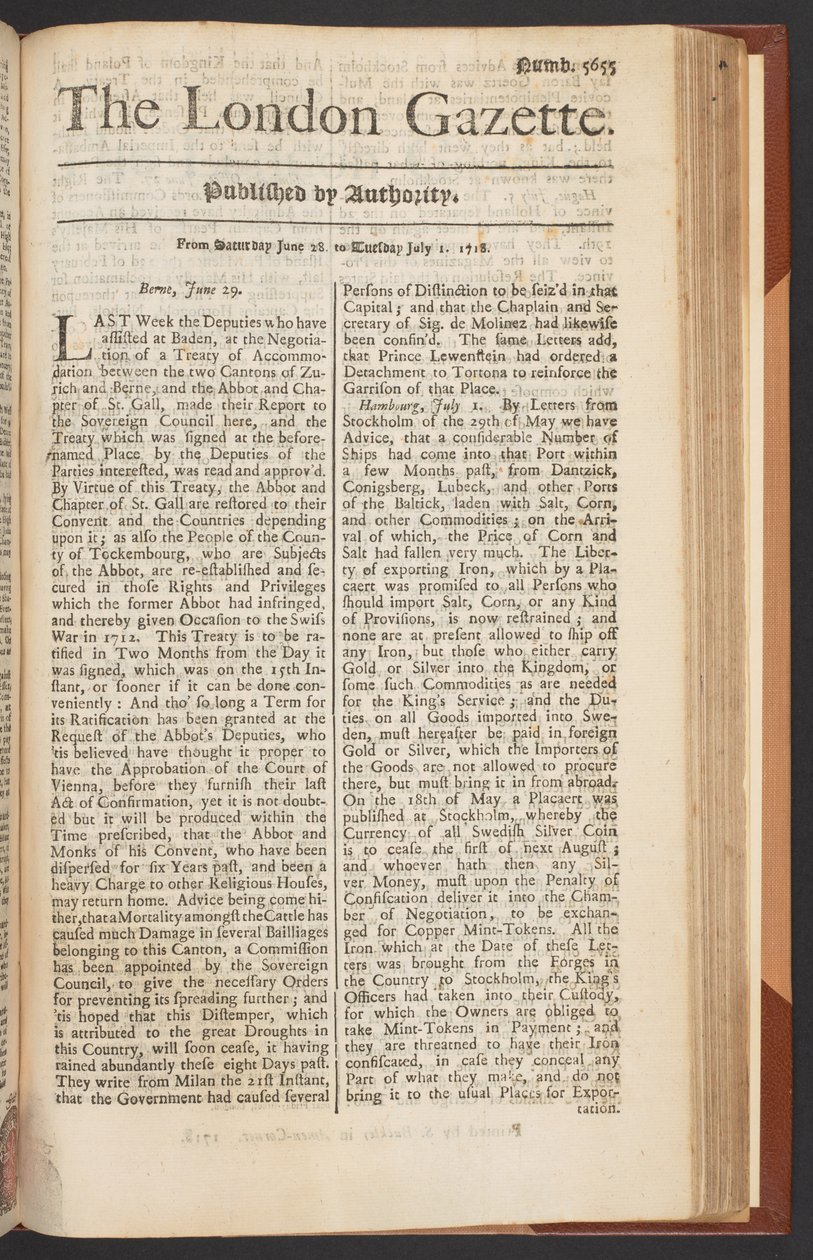 The London Gazette, numero 5655, pagina 1, 28 giugno 1718 da English School