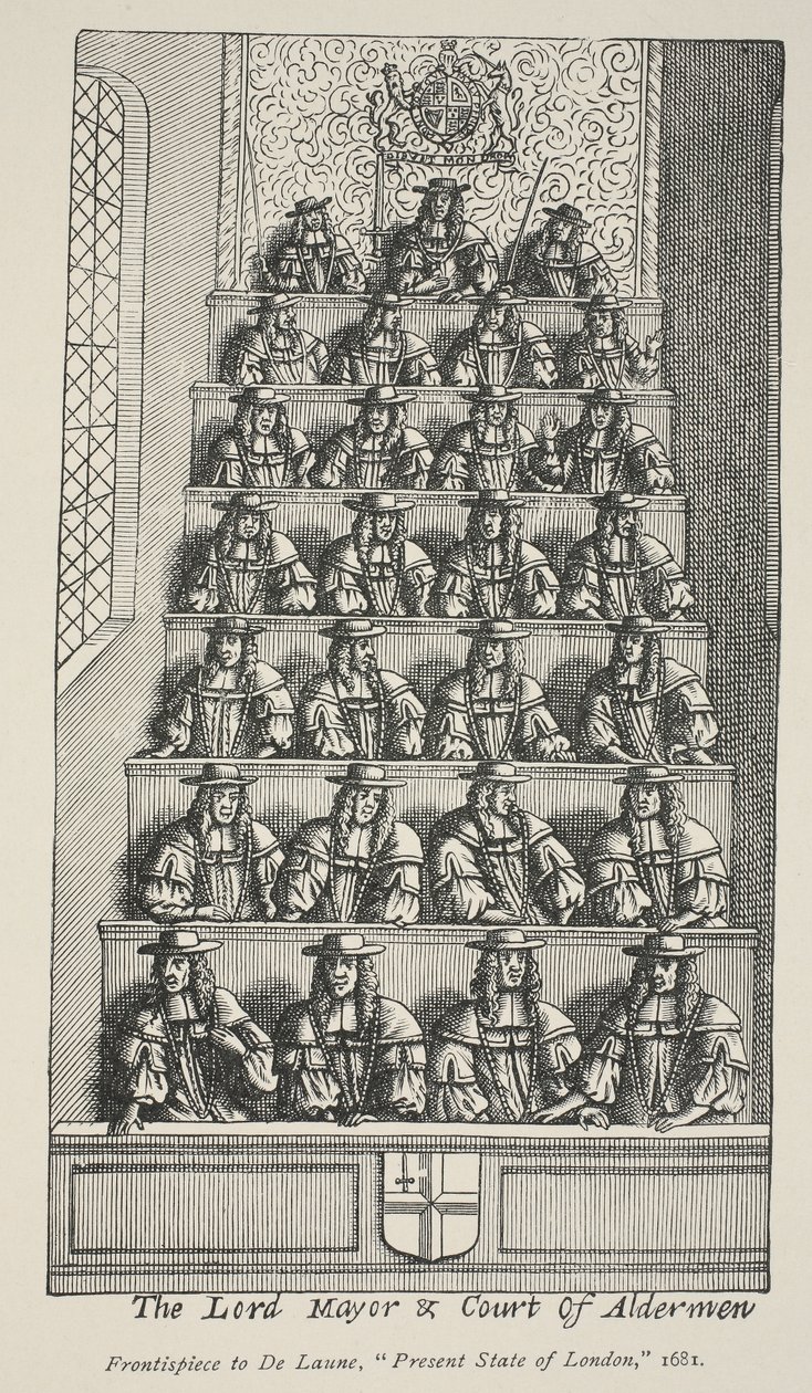 Il sindaco e la corte degli assessori, frontespizio da Angliae Metropolis di De Laune, 1681 da English School