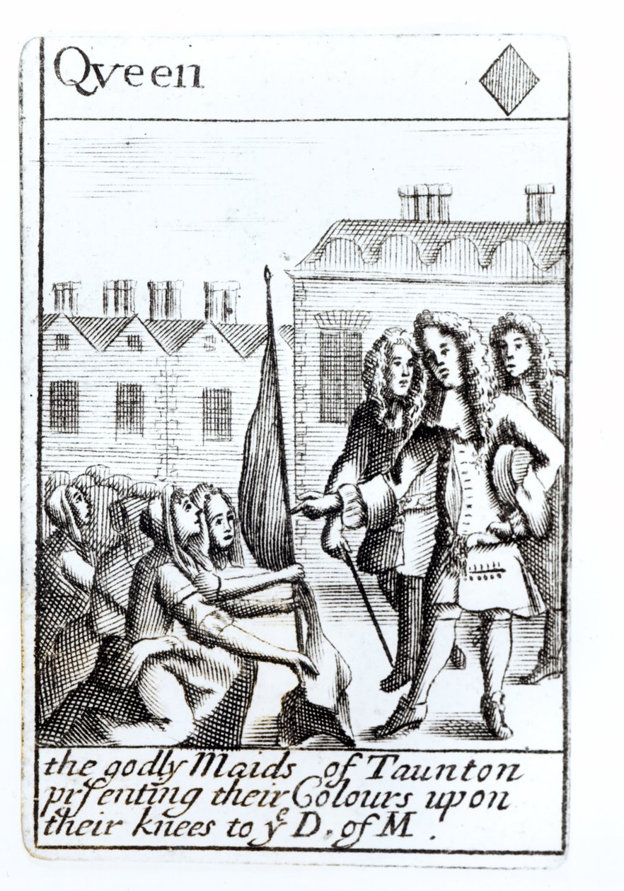 Le cameriere di Taunton inginocchiate davanti al duca di Monmouth, 18 giugno 1685, carta da gioco della regina di quadri da un set che commemora la ribellione di Monmouth da English School