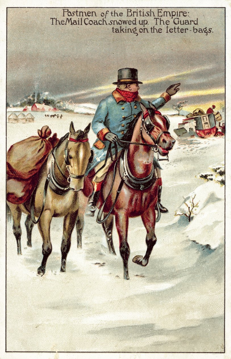 La carrozza postale innevata, la guardia che prende in consegna i sacchi delle lettere (litografia a colori) da English School