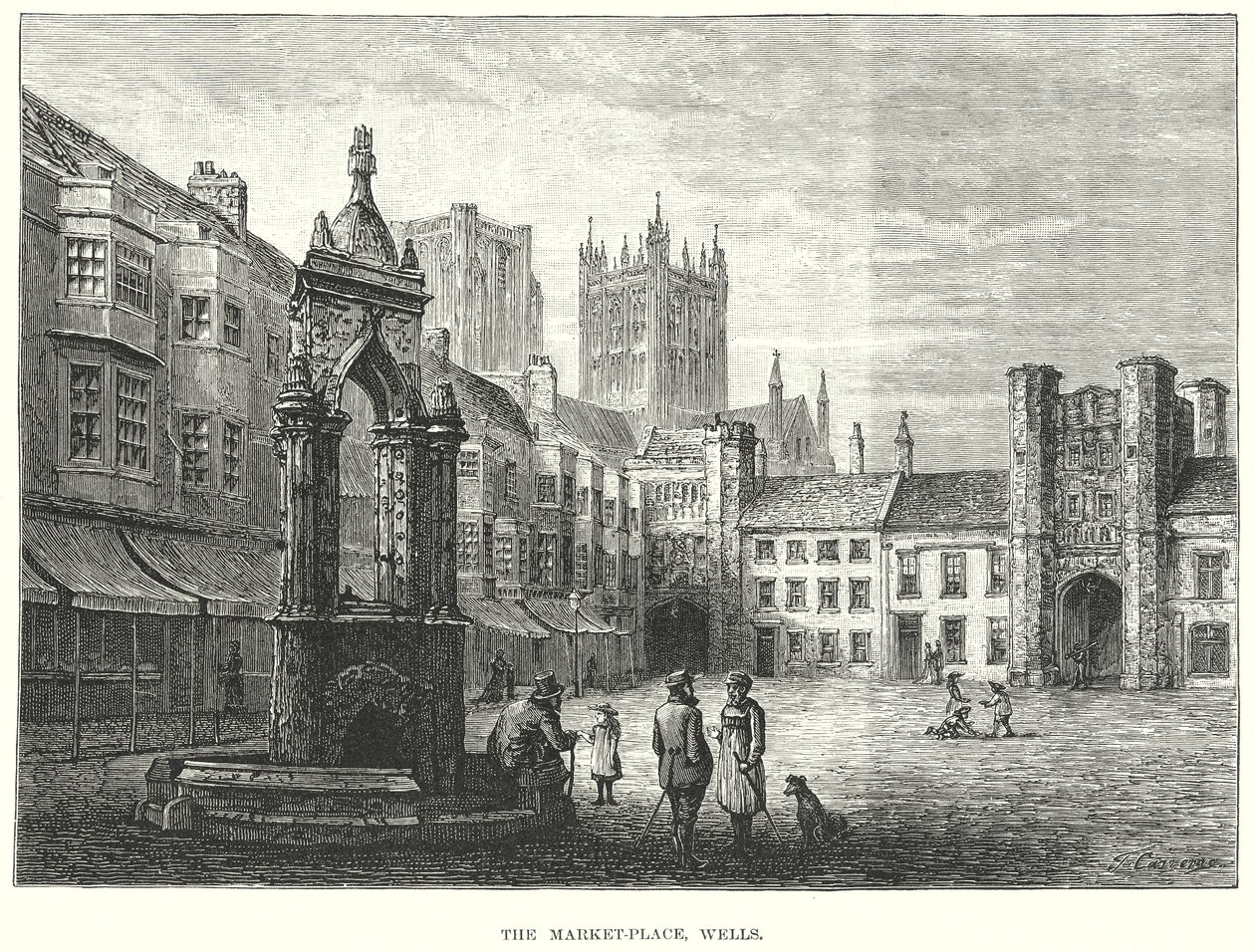 La piazza del mercato, Wells (incisione) da English School