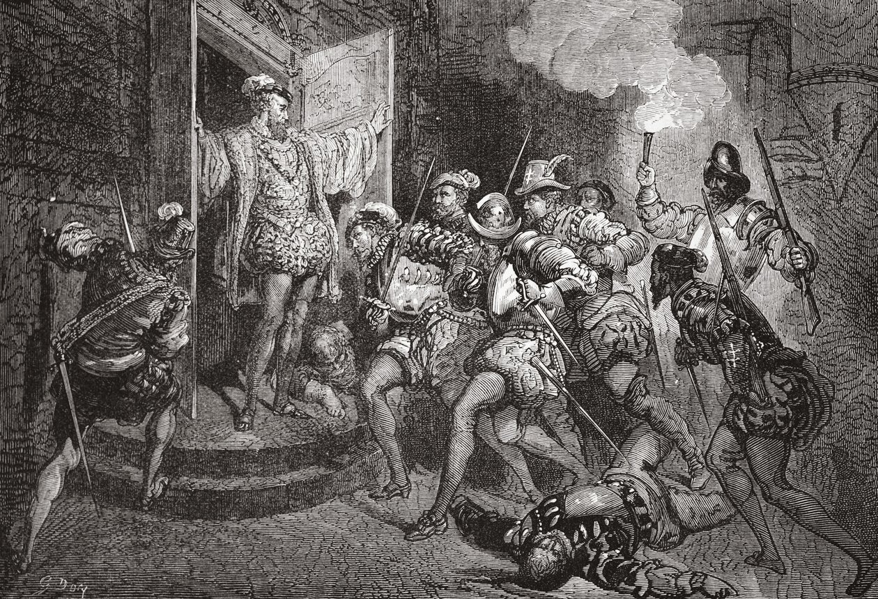 Il massacro di San Bartolomeo: attacco agli alloggi di Coligny, illustrazione da La storia del protestantesimo di James Aitken Wylie (1808-1890), pub. 1878 da English School