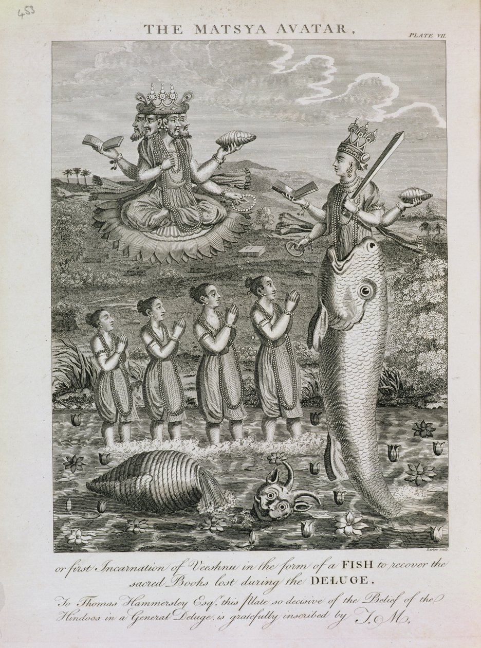 Il Matsya Avatar, o la Prima Incarnazione di Vishnu in Forma di Pesce per Recuperare i Libri Sacri Persi Durante il Diluvio, inciso da Barlow da English School
