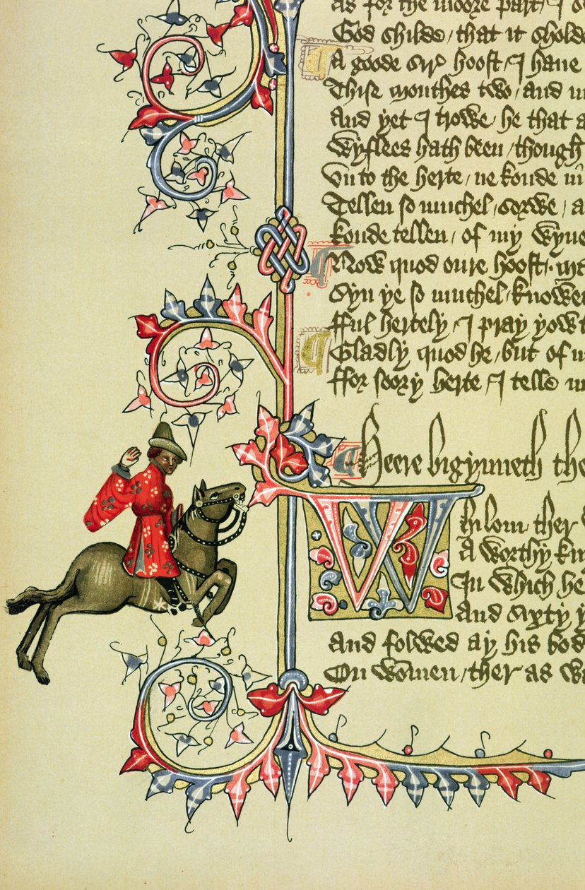 Il Mercante, dettaglio facsimile da I racconti di Canterbury, di Geoffrey Chaucer (c.1342-1400) da English School