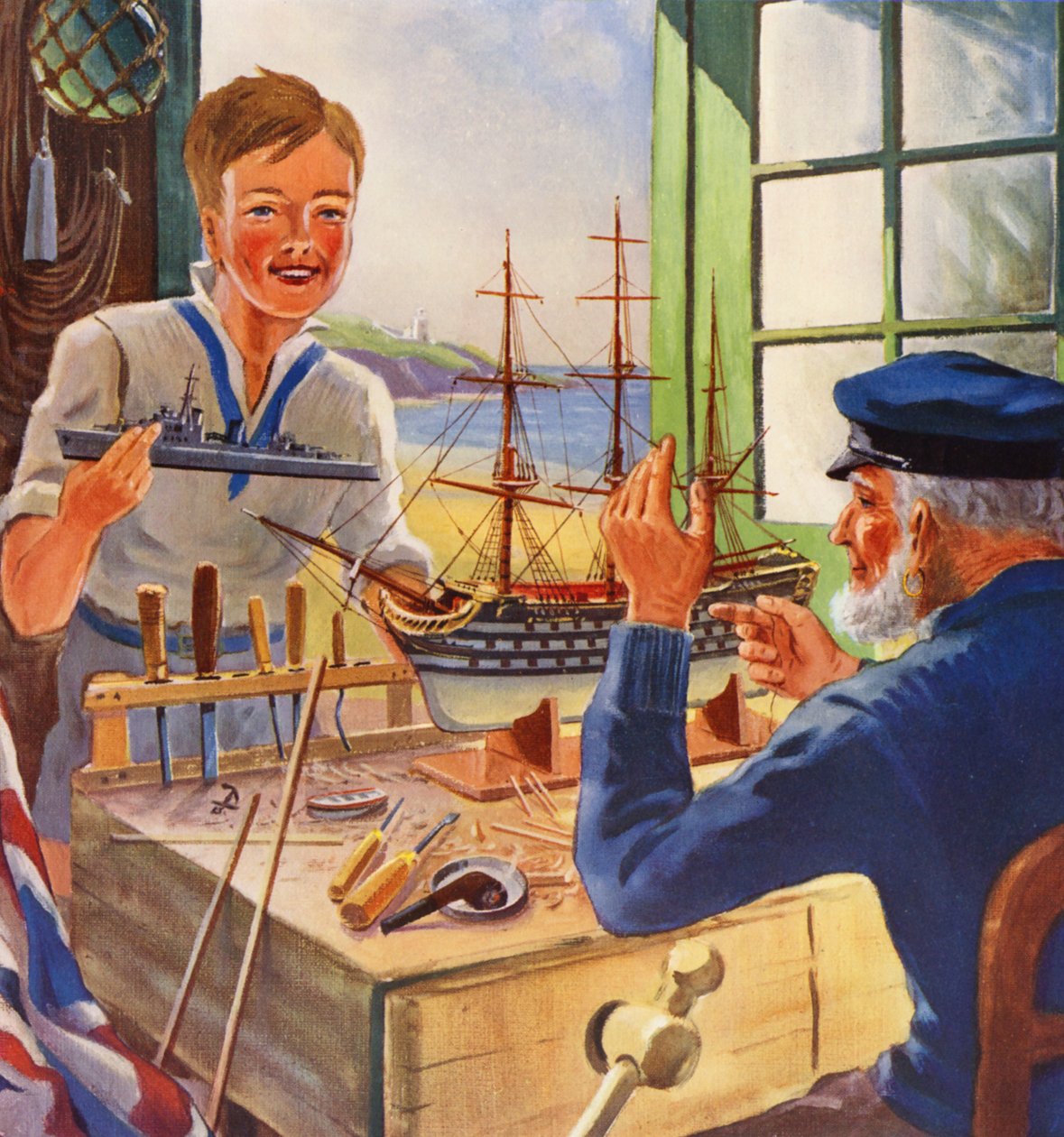 Il tocco di Nelson, modellisti navali vecchi e giovani (litografia a colori) da English School