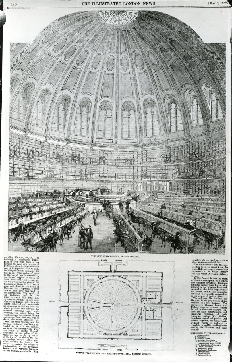La nuova sala di lettura, British Museum, pubblicata in The Illustrated London News, 9 maggio 1857 da English School