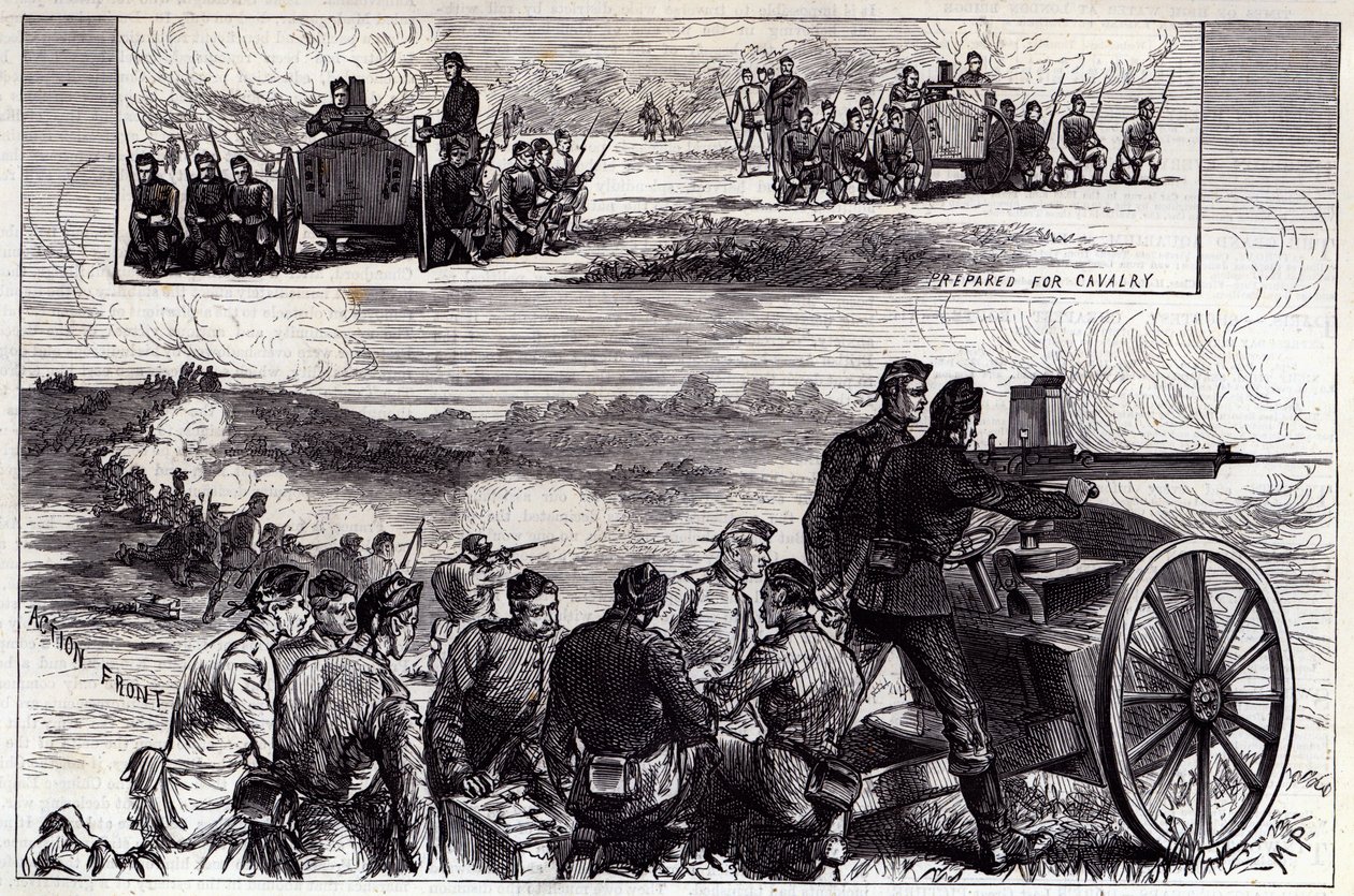 I cannoni Nordenfeldt ad Aldershott, da Illustrated London News, settembre 1885 da English School