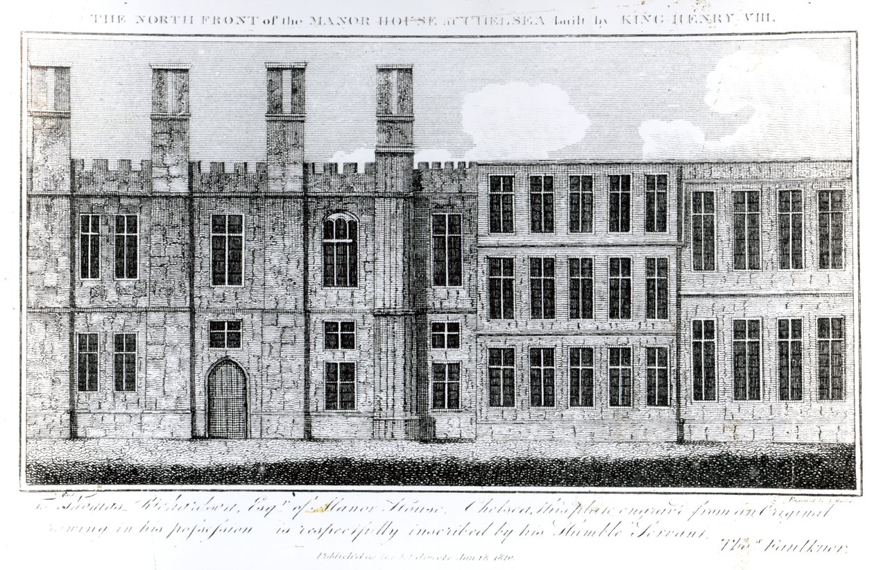 La facciata nord della Manor House a Chelsea costruita da re Enrico VIII, incisa da J. Barlow, un