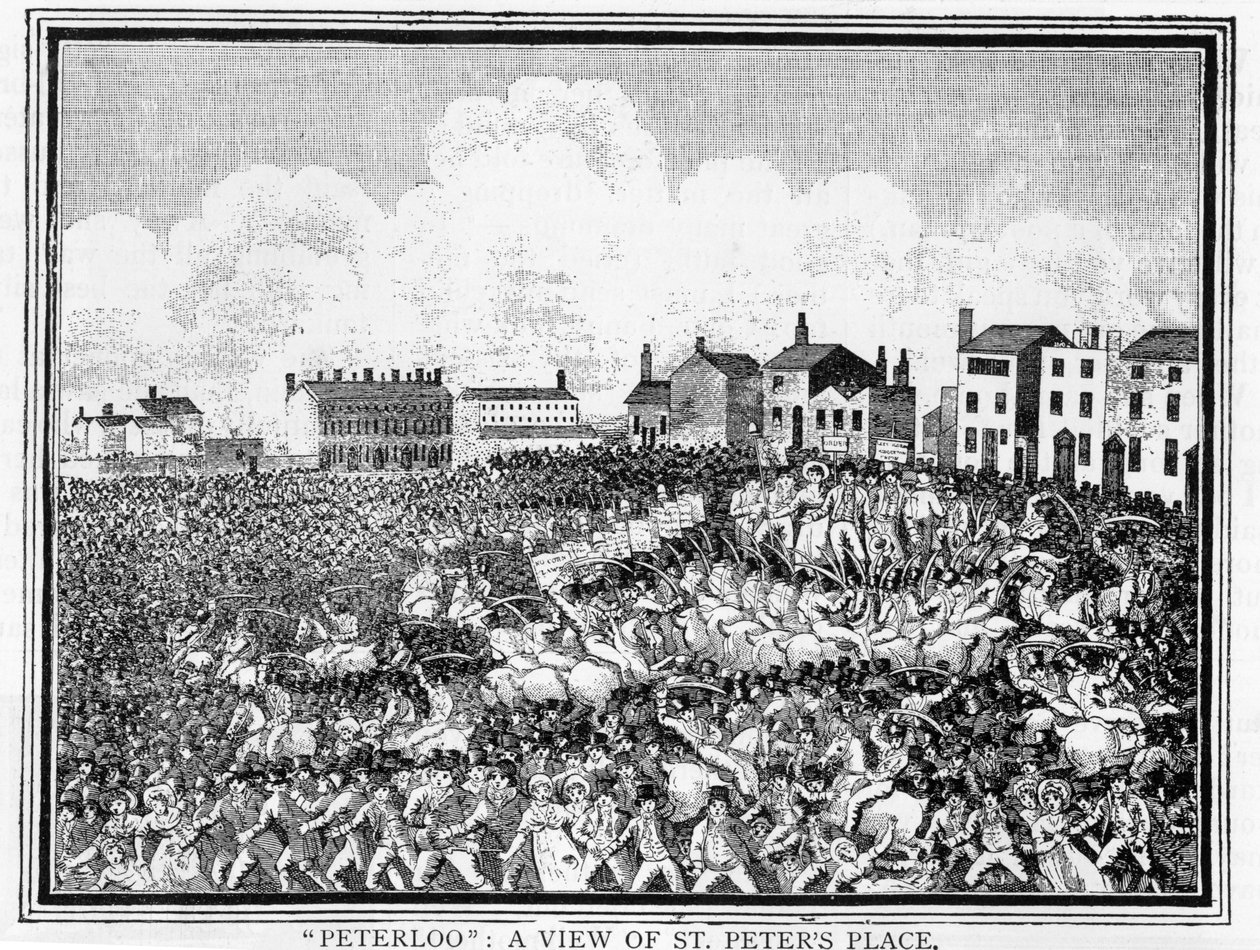 Il massacro di Peterloo, una veduta di St. Peters Place da English School