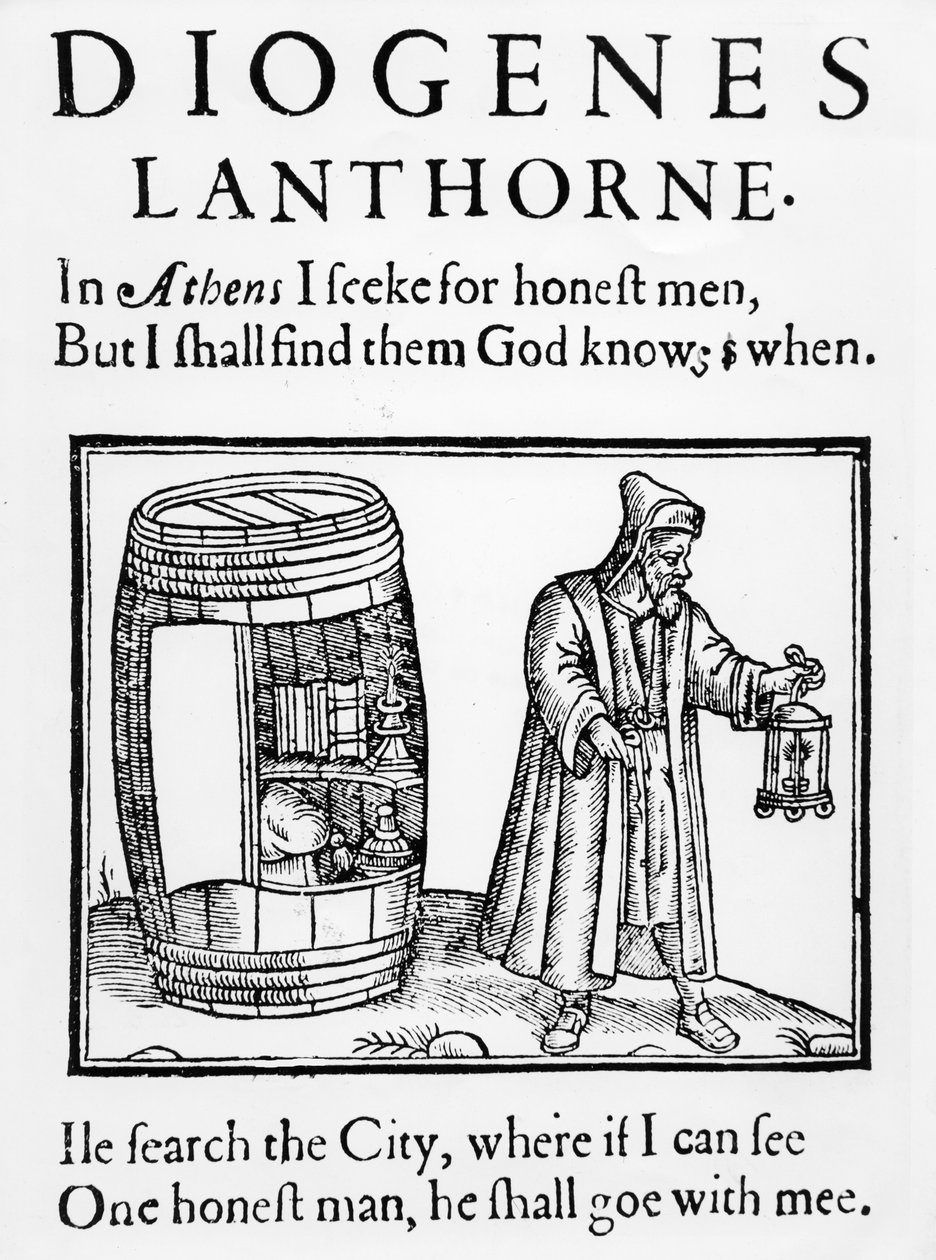 Il filosofo Diogene cerca un uomo onesto nella città di Londra con la sua lanterna, 1607 da English School