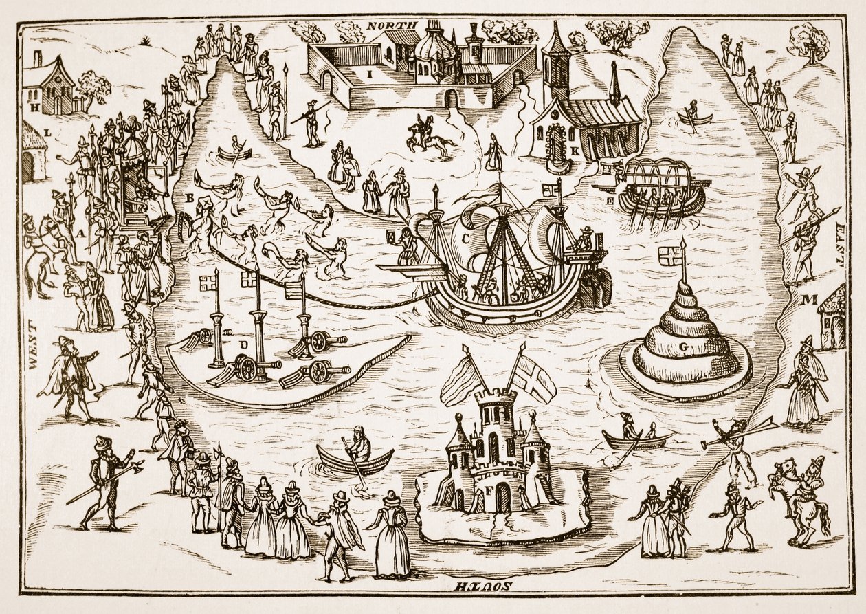 Lo stagno a Elvetham durante la visita della regina Elisabetta, da The Honourable Entertainment given to the Queens Majestie in Prgresse at Elvetham in Hampshire by the Right Honble the Earl of Hertford, 1591 da English School