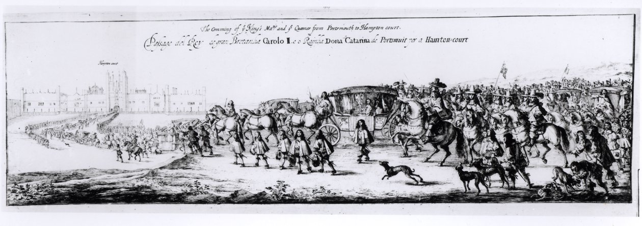La processione di Carlo II e della sua nuova regina, Caterina di Braganza, da Portsmouth a Hampton Court, 1662 da English School