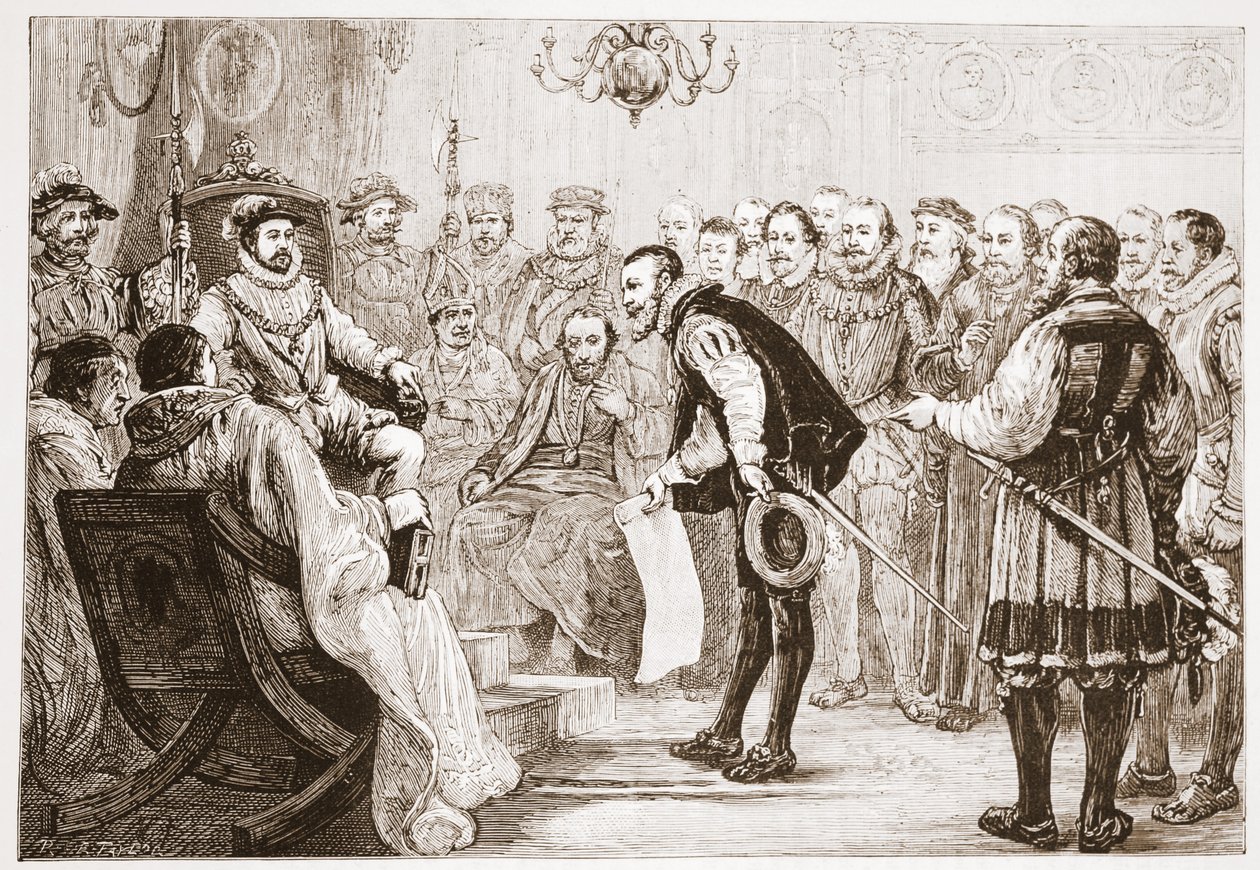 I principi protestanti che presentano la loro confessione a Carlo, illustrazione da La storia del protestantesimo di James Aitken Wylie, pub. 1878 da English School