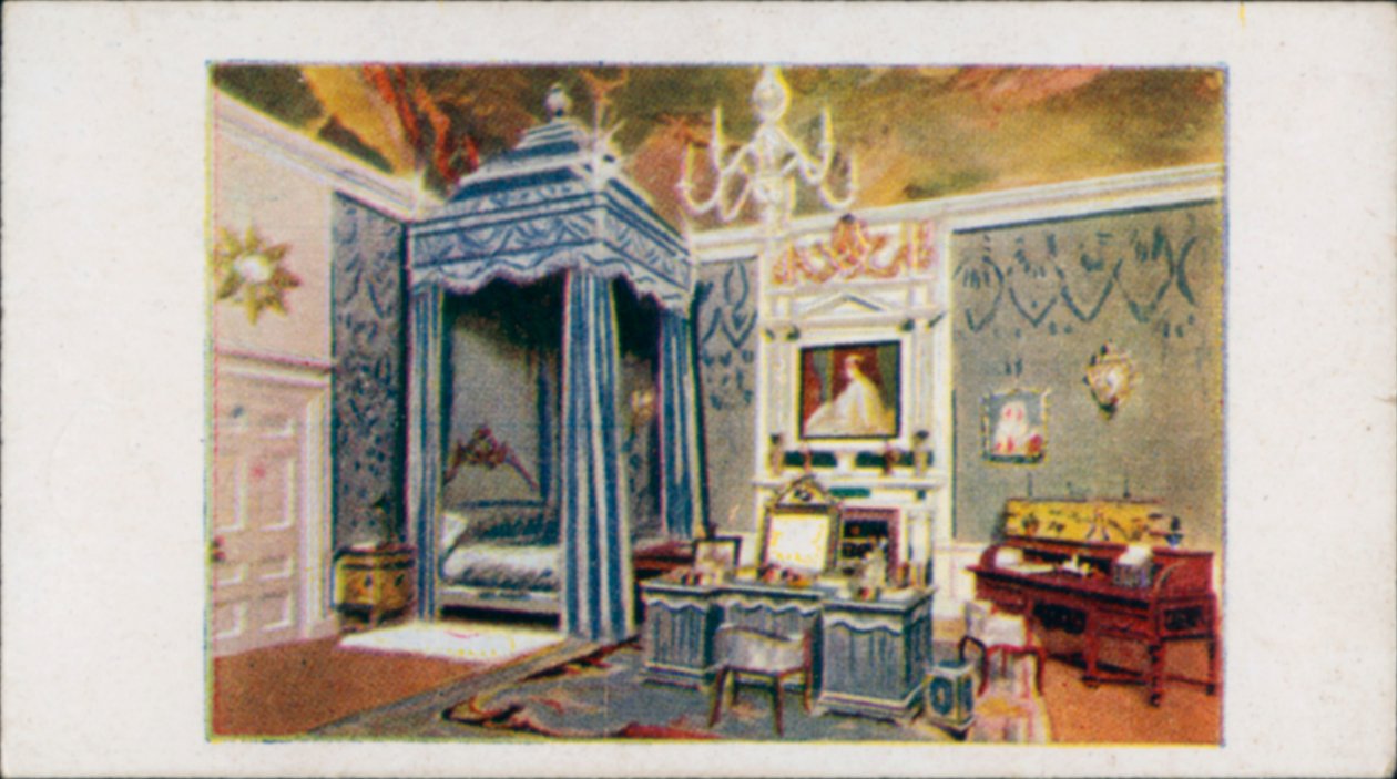 La casa delle bambole della Regina: La camera da letto della regina II (litografia a colori) da English School