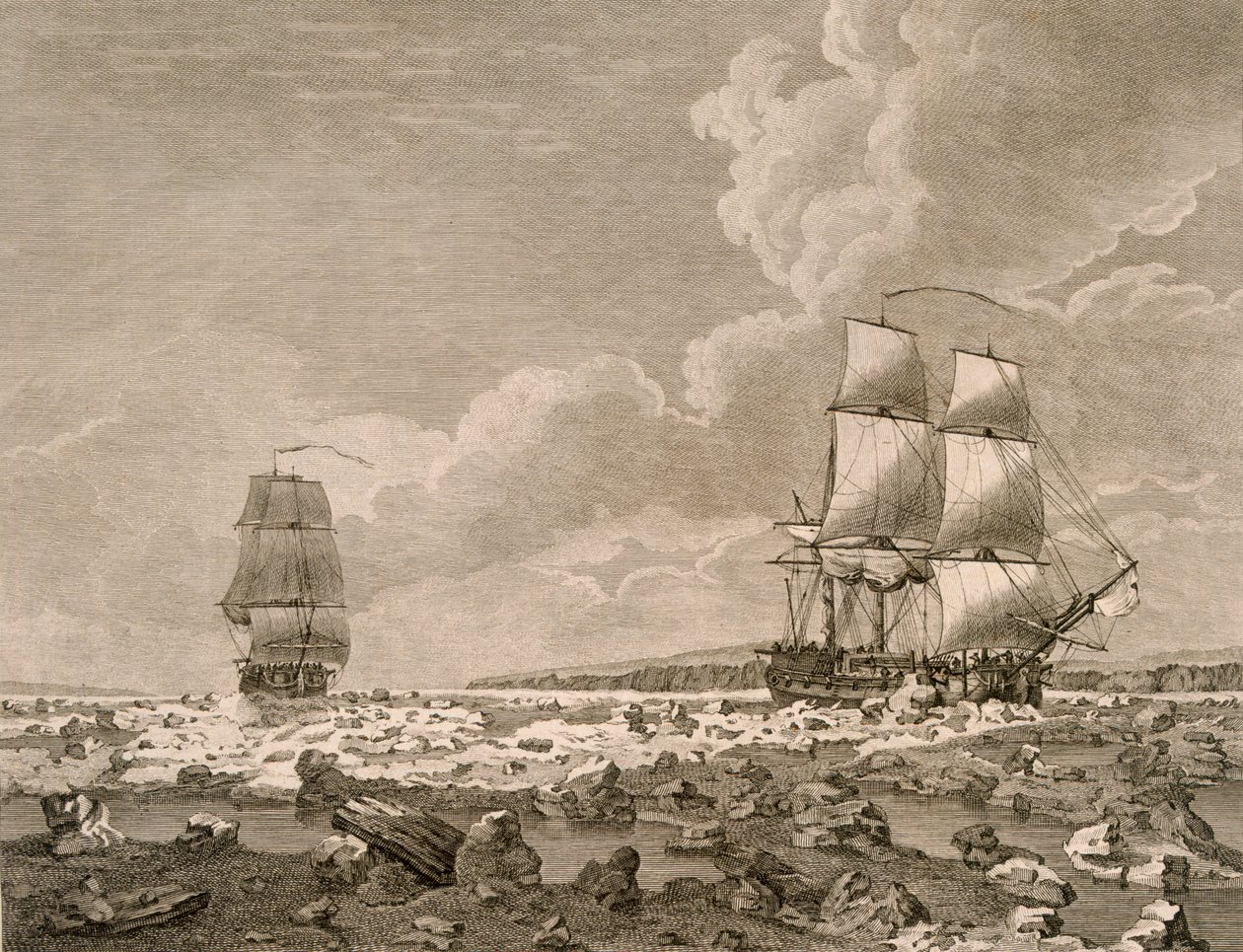 Il cavallo da corsa e la carcassa che forzano il ghiaccio, 10 agosto 1773, da Un viaggio verso il Polo Nord intrapreso per ordine di Sua Maestà 1773, pubblicato a Londra 1774 da English School