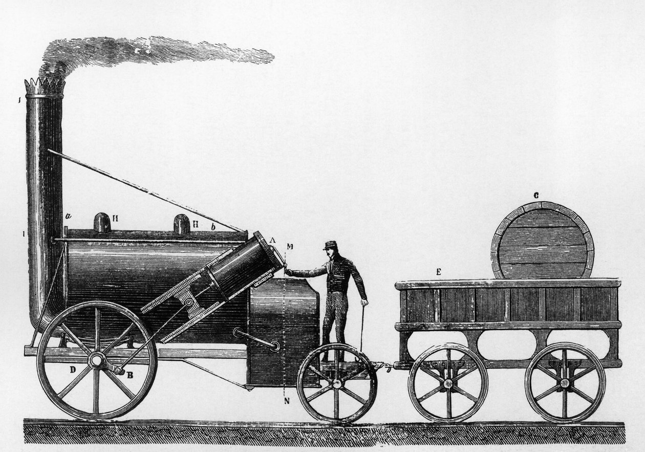 La Rocket, locomotiva a vapore progettata e costruita da George e Robert Stephenson nel 1829 per la ferrovia Liverpool-Manchester da English School