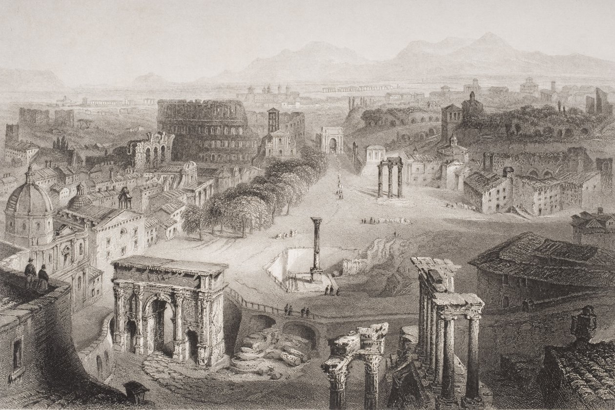 Il Foro Romano dal Campidoglio, Roma (inciso da A. Willmore) da English School