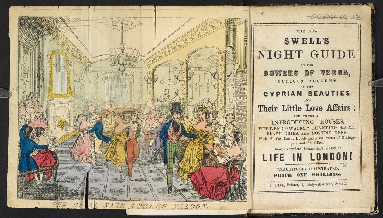 Il Royal Saxe Coburg Saloon. Un gruppo di persone che ballano, mangiano e bevono, La nuova guida notturna del dandy ai giardini di Venere... Essendo una guida completa per la vita a Londra! da English School