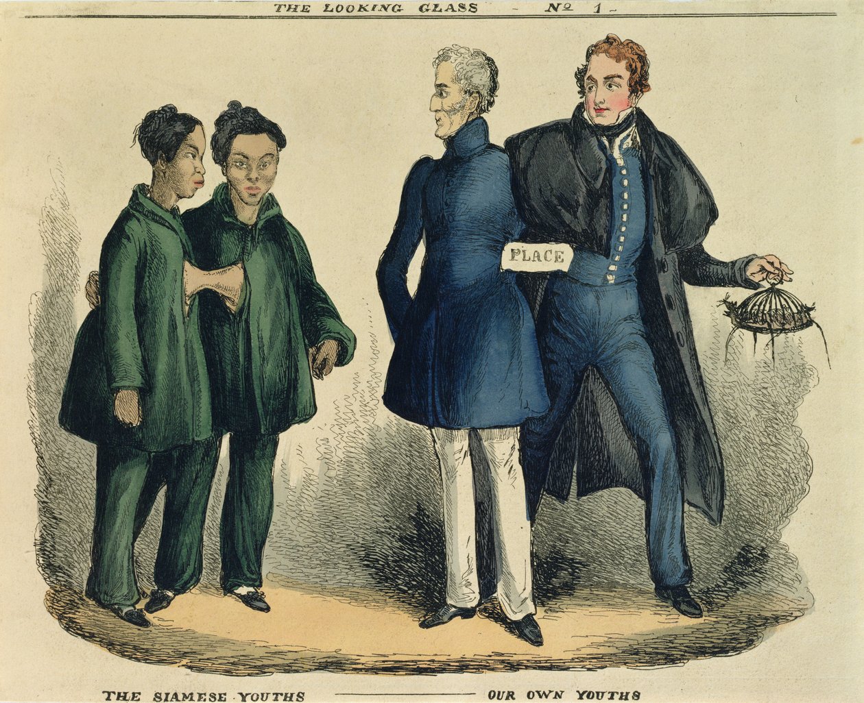 I Giovani Siamesi - I Nostri Giovani, cartone satirico da The Looking Glass, c.1829 (incisione colorata) da English School