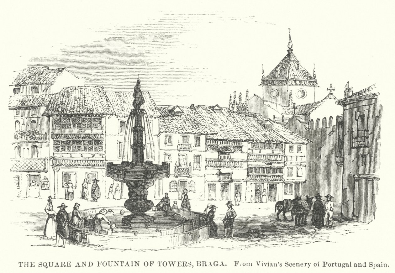 Piazza e Fontana delle Torri, Braga (incisione) da English School