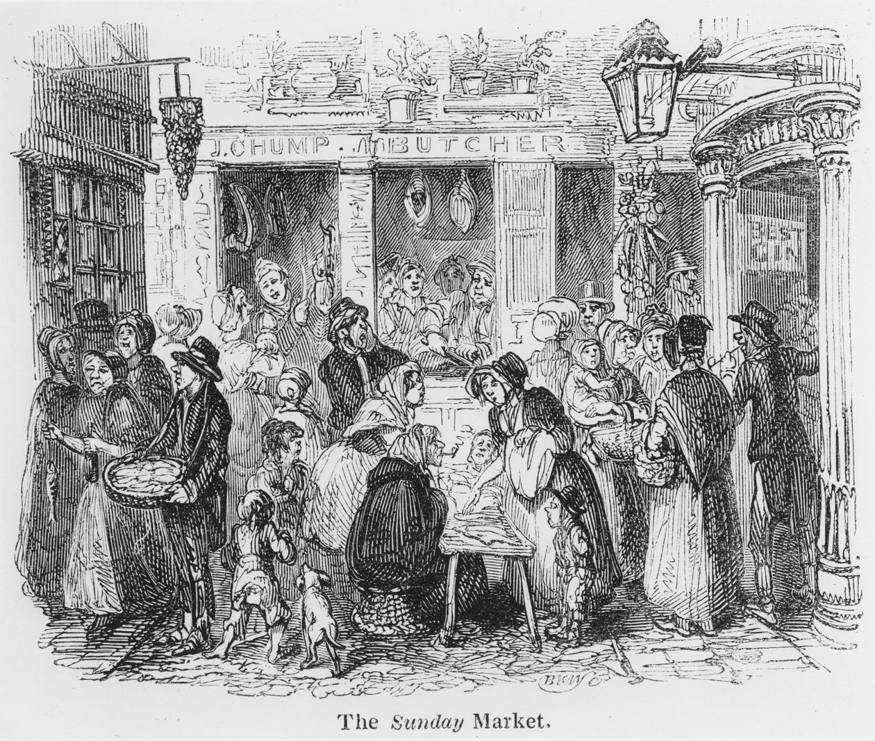 Il mercato della domenica, Londra (incisione) da English School