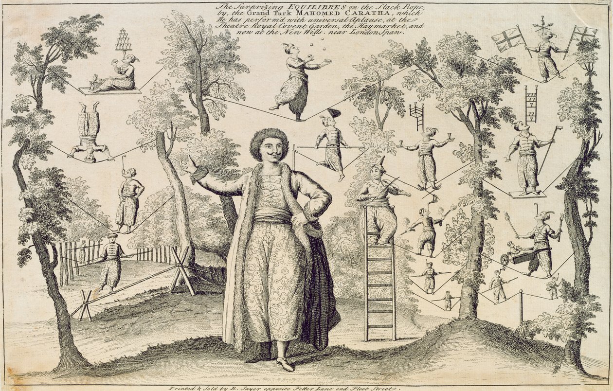 Gli Equilibri Sorprendenti sulla Corda Lenta del Gran Turco, Mahomed Caratha, stampato da Robert Sayer (fl.1750-80) da English School