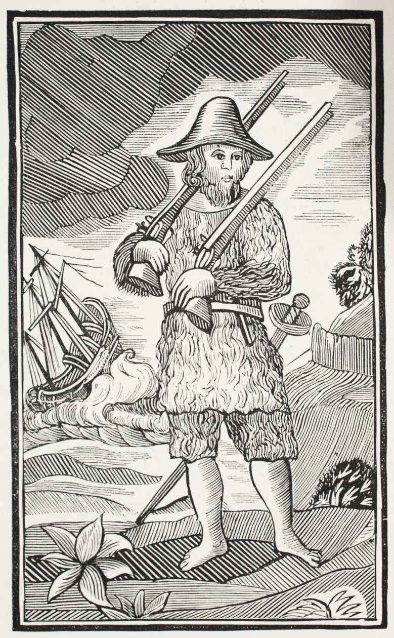 La sorprendente vita e le più strane avventure di Robinson Crusoe della città di York, marinaio, illustrazione da Chap-books del XVIII secolo di John Ashton, pub. 1882 da English School