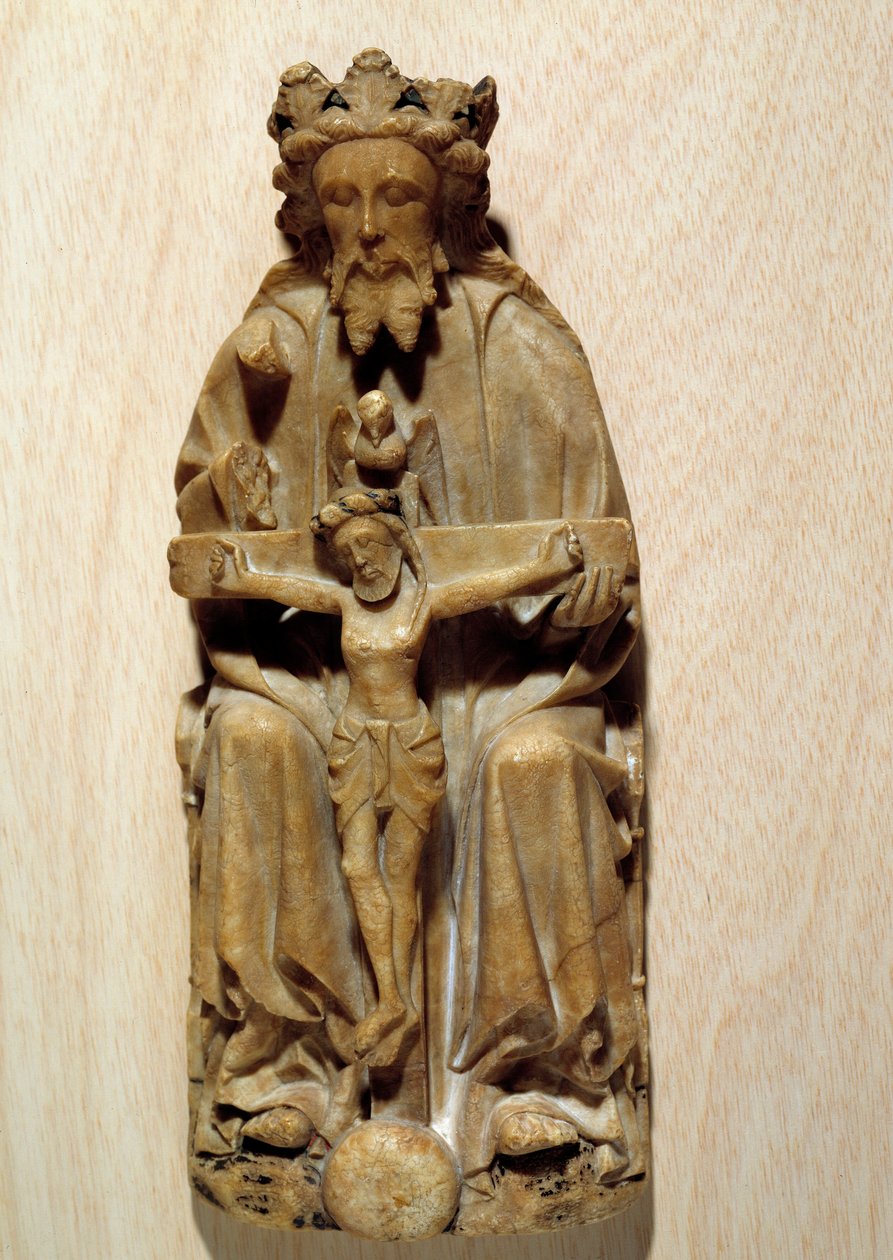 La Trinità Dio tenta suo figlio Gesù sulla croce. Scultura in alabastro della scuola inglese. XV secolo Parigi, Museo Nazionale del Medioevo, Thermes de Cluny da English School