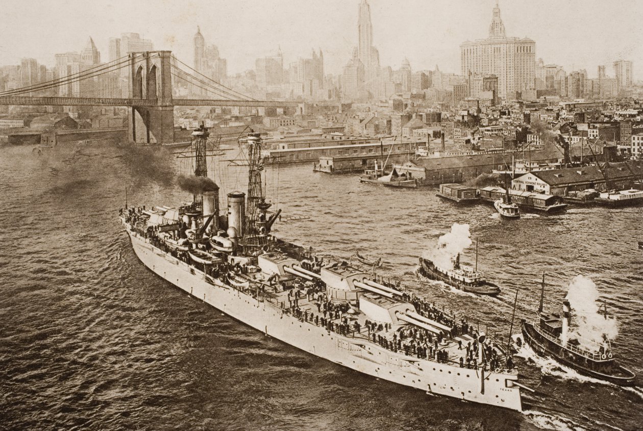 La corazzata degli Stati Uniti, Texas, che parte dal porto di New York, illustrazione da 