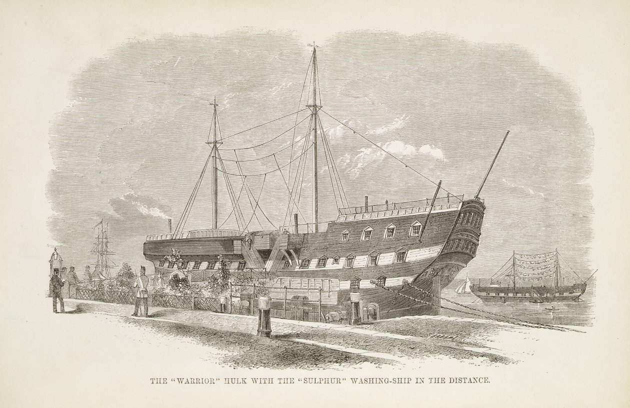 La nave prigione Warrior con la nave di lavaggio di zolfo in lontananza, da The Criminal Prisons of London and Scenes of Prison Life di Henry Mayhew e John Binny, 1862 da English School