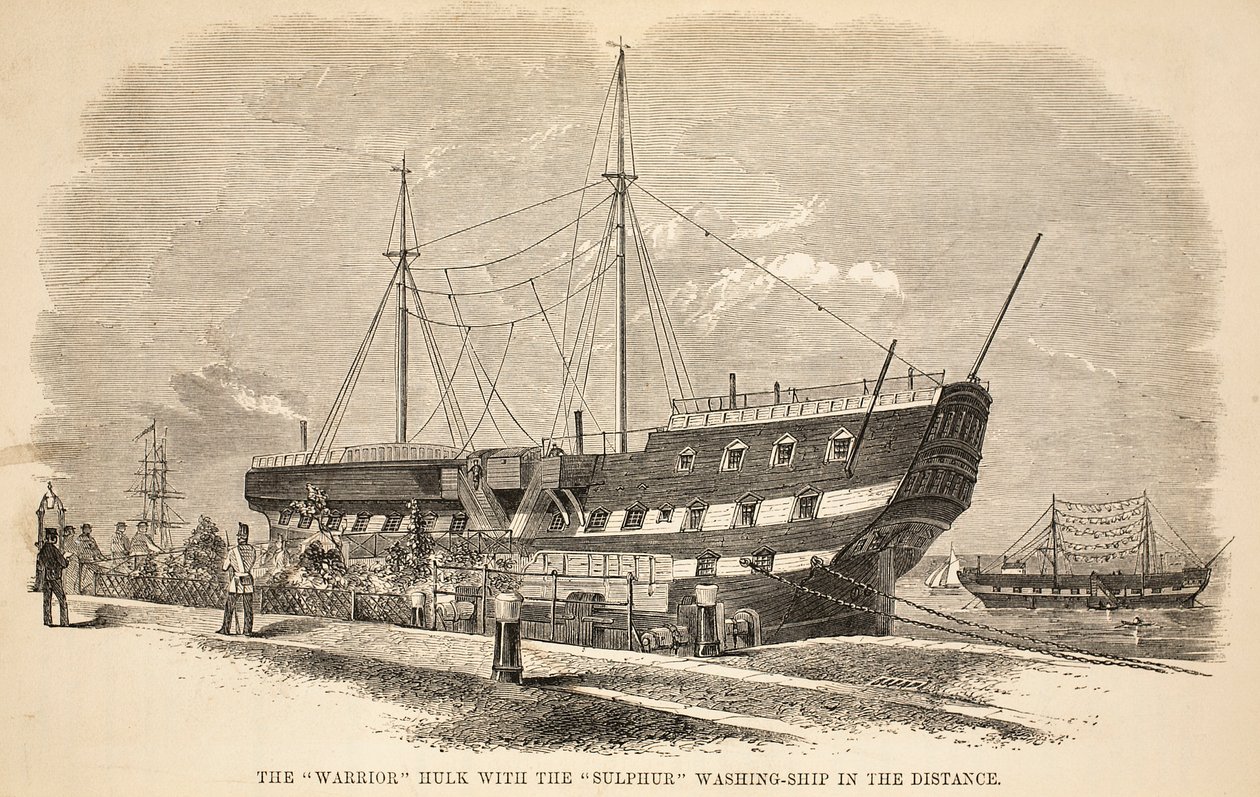 La nave Warrior hulk con la nave da lavaggio Sulphur in lontananza, illustrazione da The Criminal Prisons of London and Scenes from Prison Life di Henry Mayhew e John Binny, pub. 1862 da English School