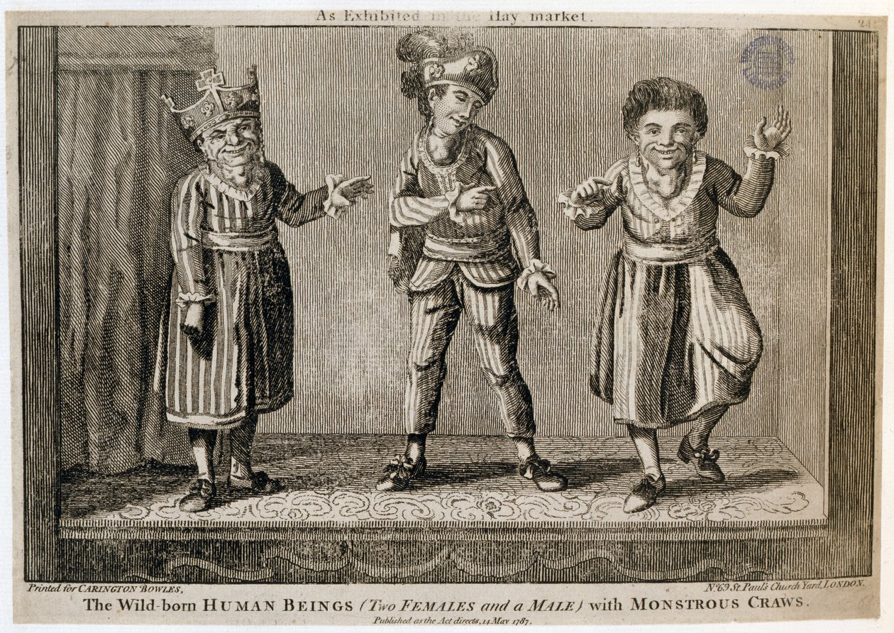 Gli Esseri Umani Nati Selvaggi (Due Femmine e un Maschio) con Gozzi Mostruosi, come Esibiti al Haymarket, stampato per Carington Bowles, 1787 da English School