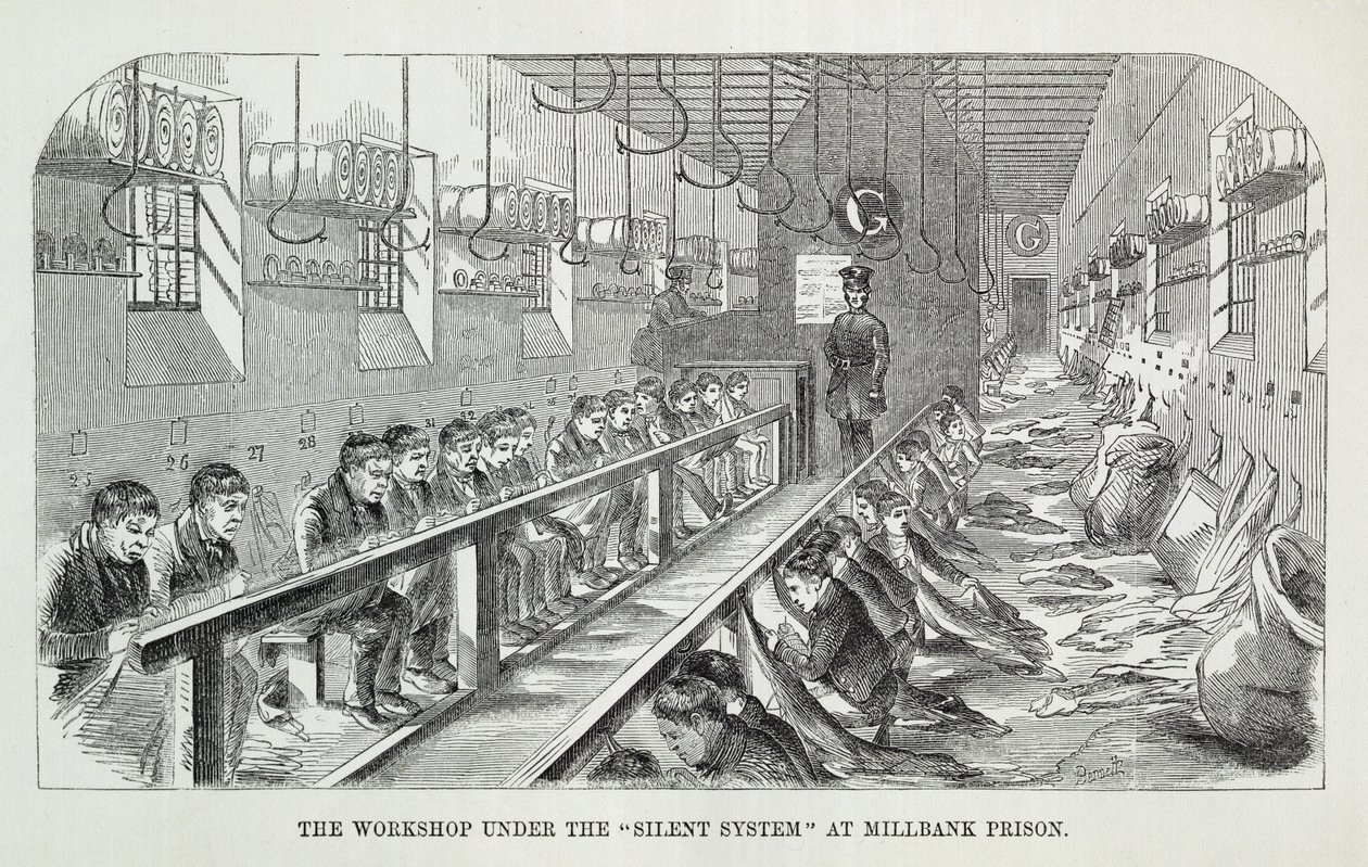 Il laboratorio sotto il sistema del silenzio nella prigione di Millbank, da The Criminal Prisons of London and Scenes of Prison Life di Henry Mayhew e John Binny, 1862 da English School