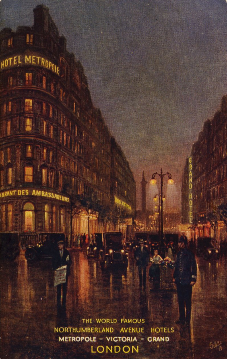 I famosi hotel di Northumberland Avenue, Metropole, Victoria, Grand, Londra (litografia a colori) da English School