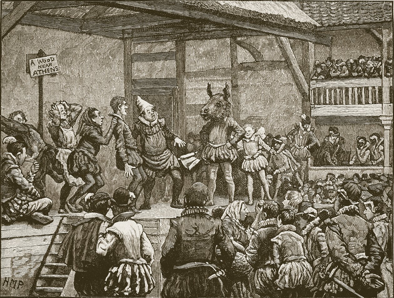 Rappresentazione di una delle opere di Shakespeare ai tempi della regina Elisabetta, illustrazione da Cassells Illustrated History of England da English School