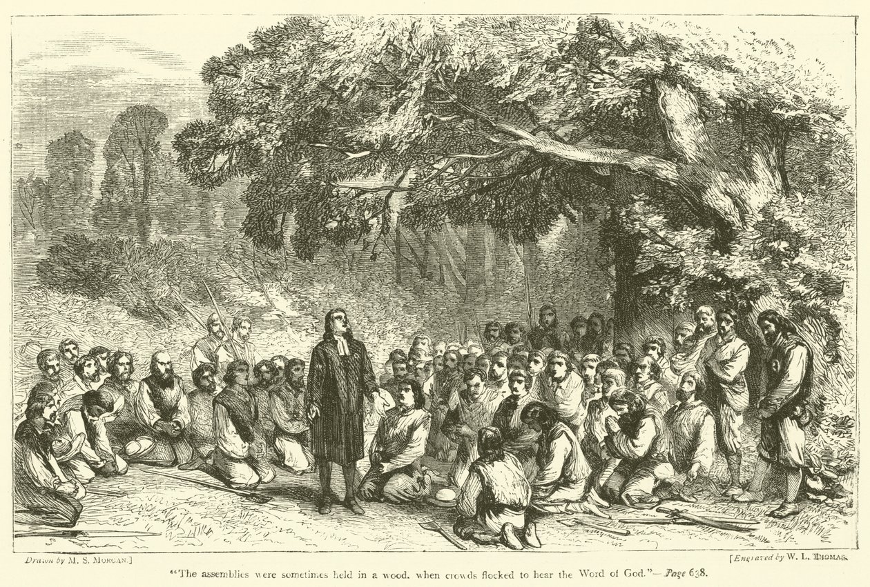 "Le assemblee si tenevano talvolta in un bosco, quando le folle accorrevano per ascoltare la Parola di Dio" (incisione) da English School