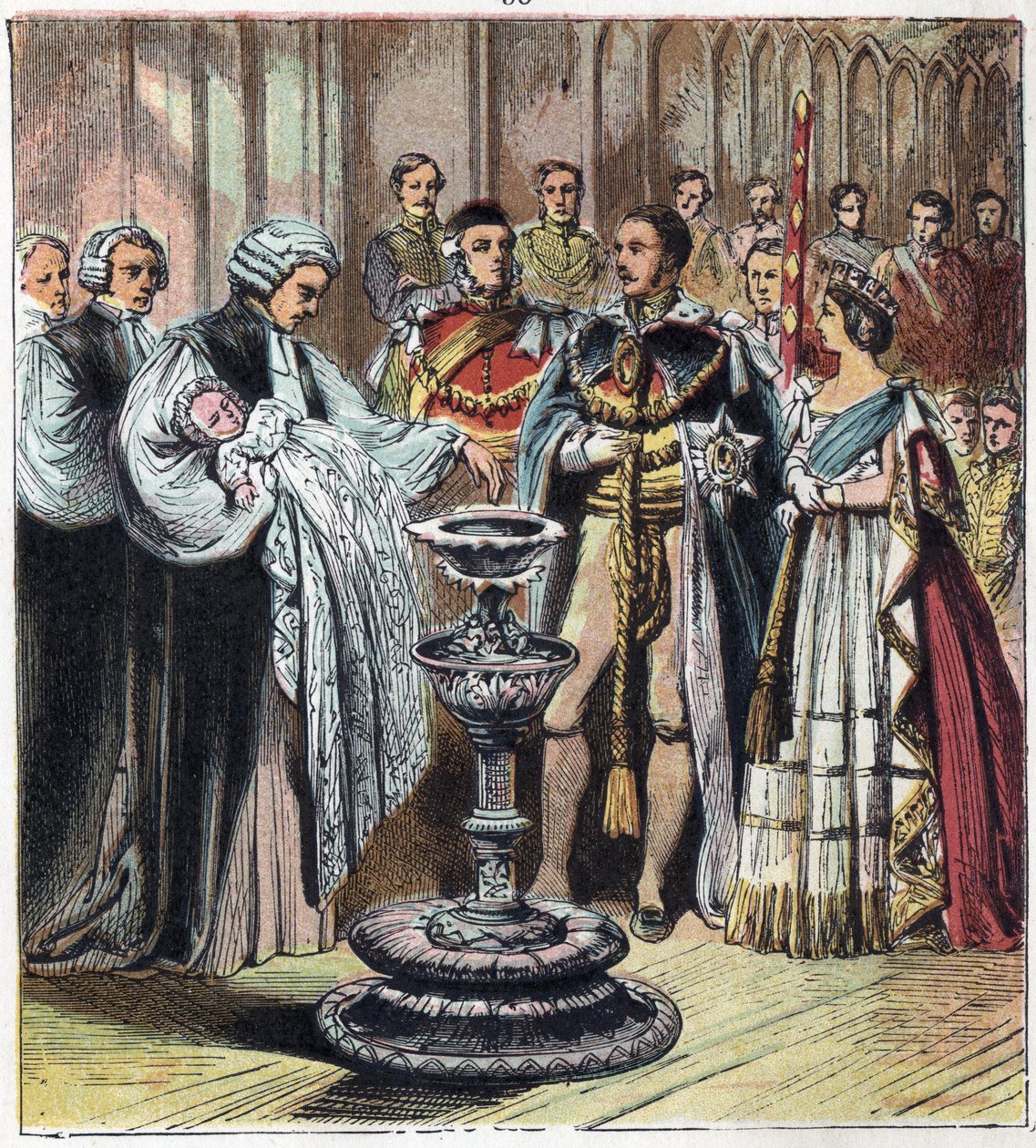 Il battesimo del Principe di Galles, che divenne Re Edoardo VII (1841-1910), alla presenza dei suoi genitori, la Regina Vittoria I (1819-1901) e il Principe Alberto di Sassonia Coburgo Gotha da English School