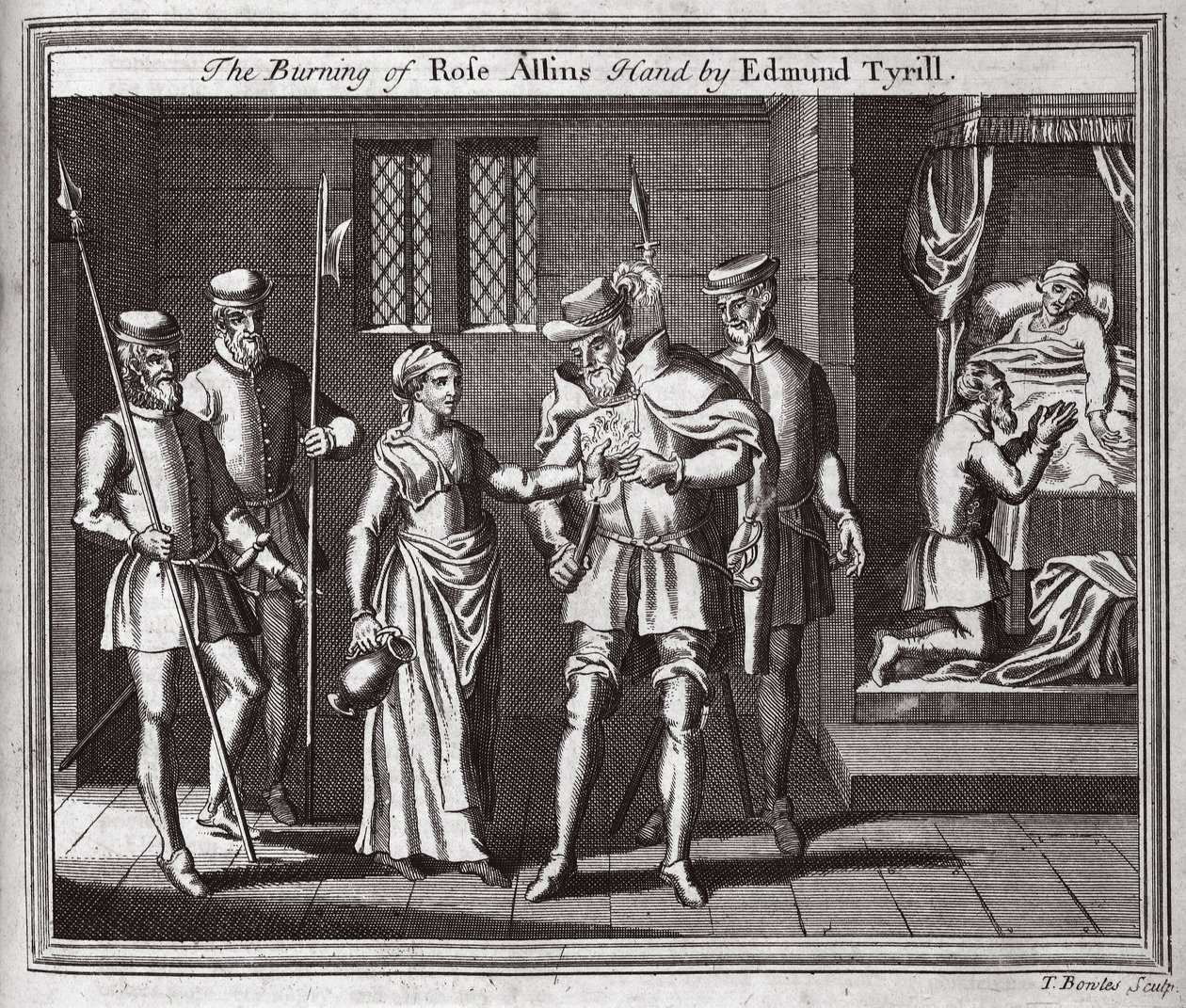 Il rogo della mano di Rose Allins da parte di Edmund Tyrill, illustrazione da Foxes Martyrs c.1703 da English School