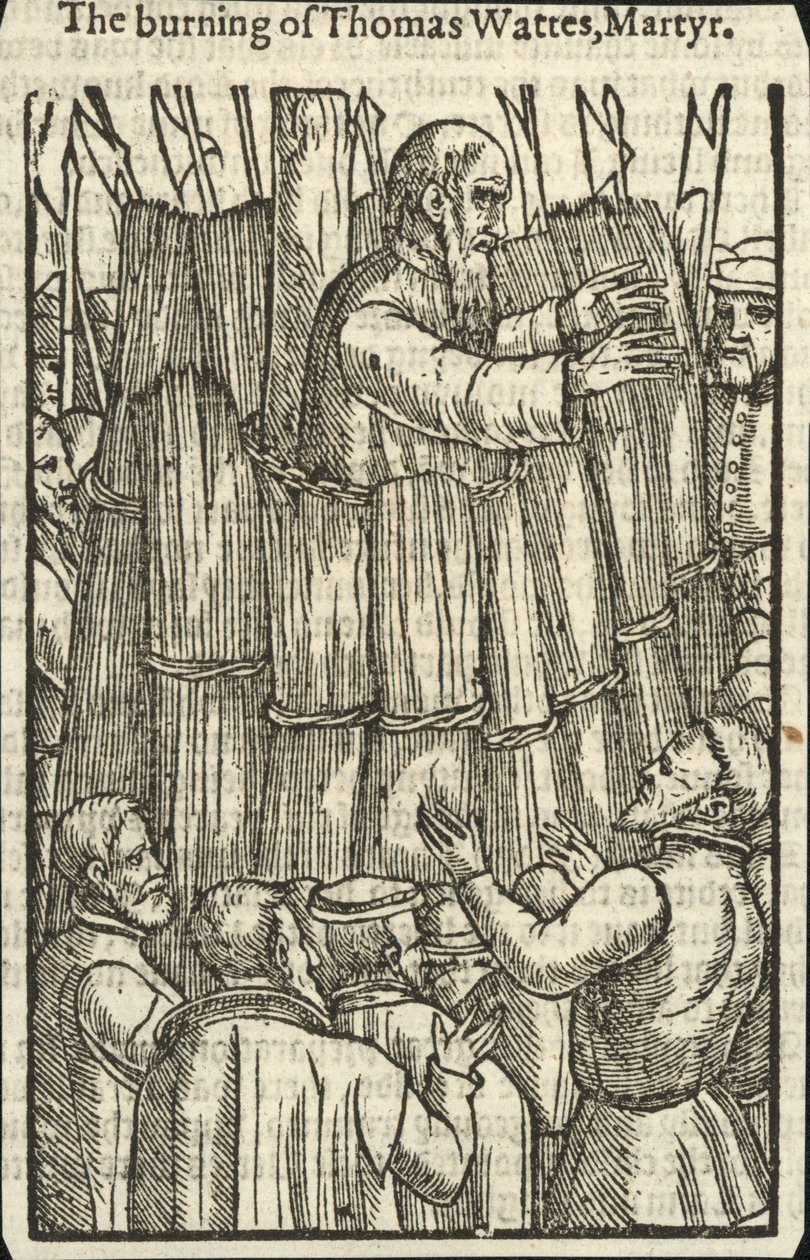 Il rogo di Thomas Wattes, martire (incisione) da English School
