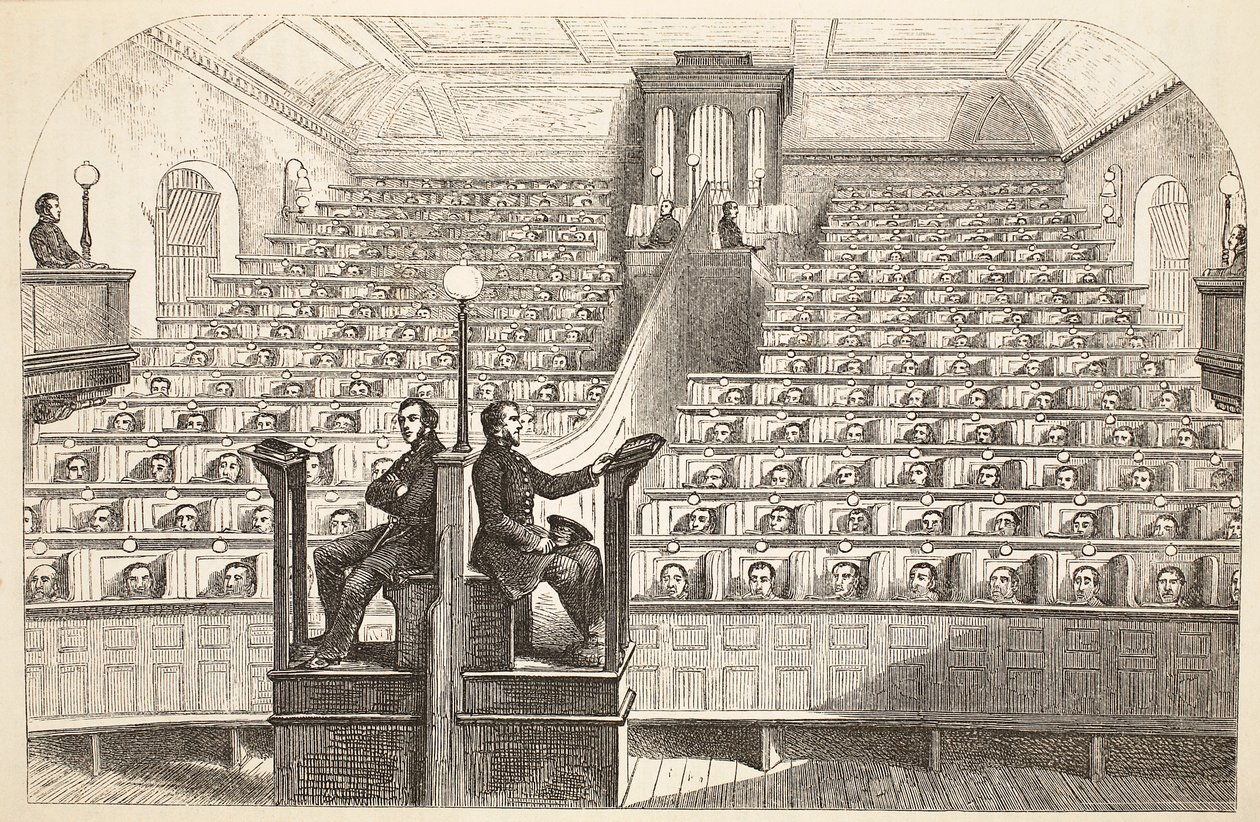 La cappella, nel sistema separato, nella prigione di Pentonville, durante il servizio divino, illustrazione da The Criminal Prisons of London and Scenes from Prison Life di Henry Mayhew e John Binny, pub. 1862 da English School